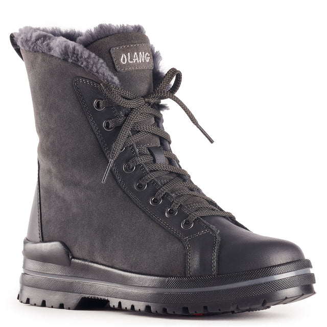 Olang Zaide Antracite women’s winter boots with leather and hydro-suede upper, shearling lining, lace and zipper closure, and ALASKA outsole with OC System® grips.