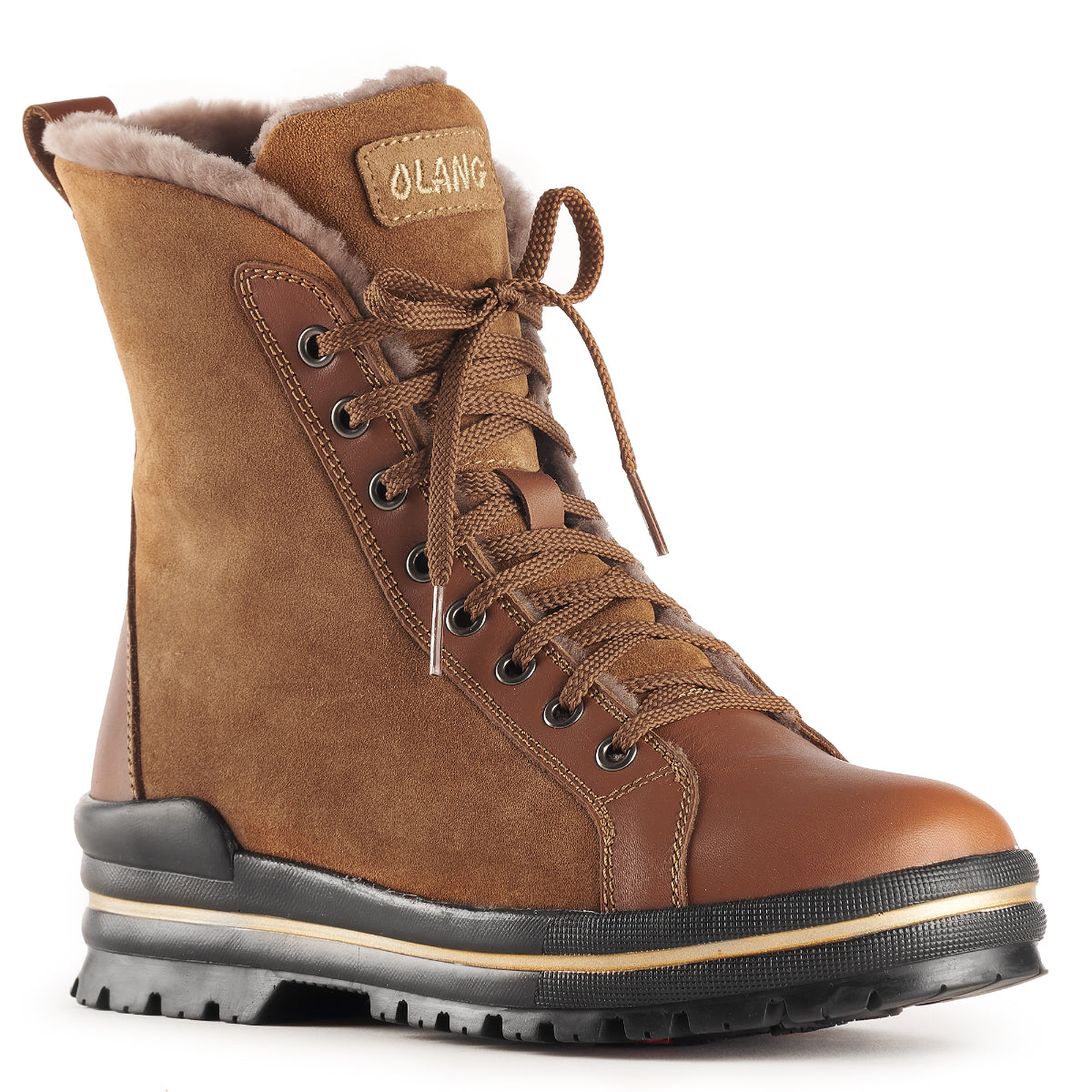 Olang Zaide Caramel women’s winter boots with leather and hydro-suede upper, shearling lining, lace and zipper closure, and ALASKA outsole with OC System® grips.