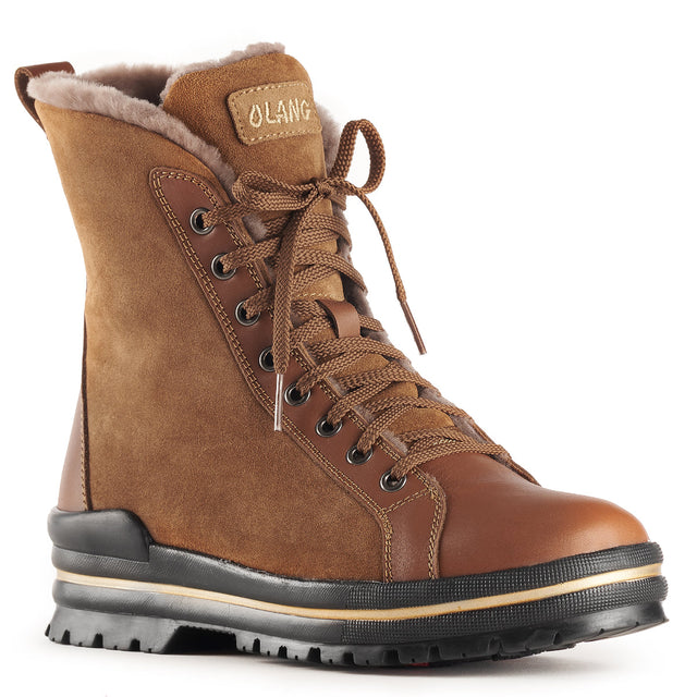 Olang Zaide Caramel women’s winter boots with leather and hydro-suede upper, shearling lining, lace and zipper closure, and ALASKA outsole with OC System® grips.