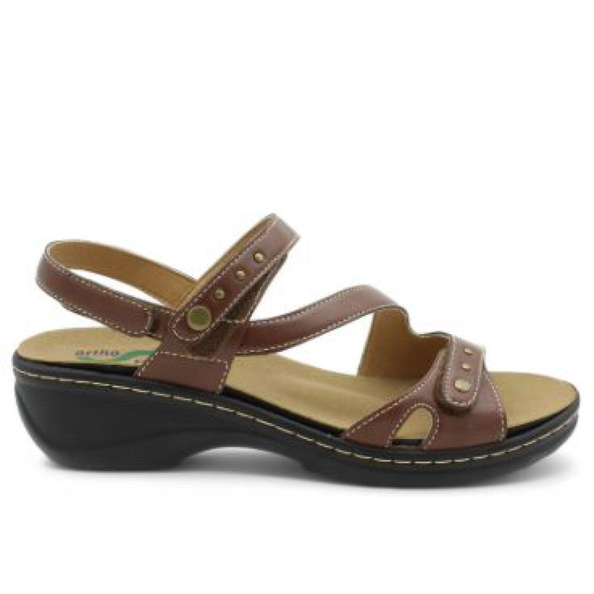 Men’s brown sandal with wide front Velcro strap, soft nappa leather upper, and removable orthopedic insoles for customizable comfort and support. Style #E30-090
