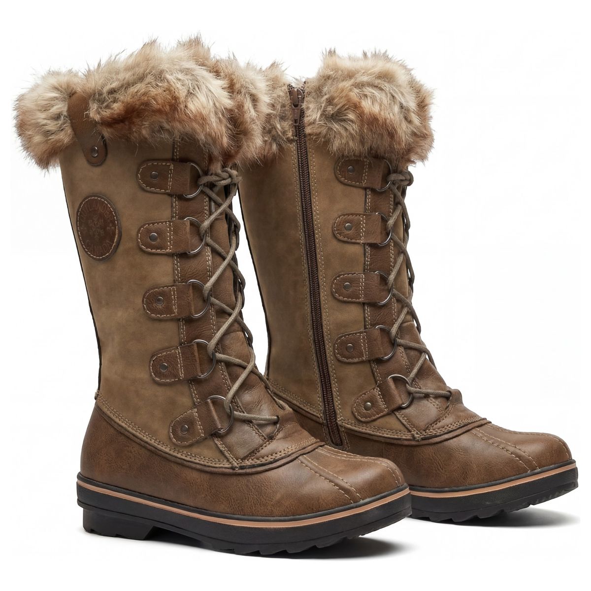 Women's tall, taupe lace-up winter boot with synthetic upper, faux fur collar, rugged rubber sole, and side zipper. Style #F3215.