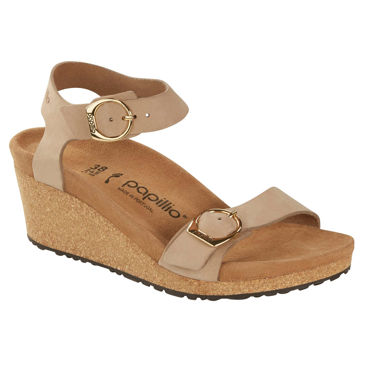 Papillio Soley Adjustable Strap Leather Wedge Sandal in Sandcastle (beige) with built in arch support for all day comfort.