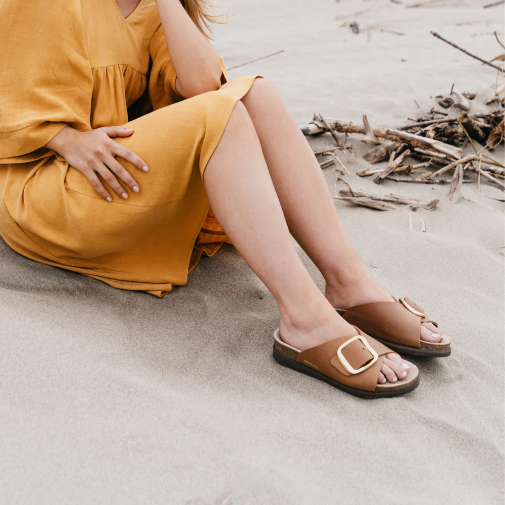 Mephisto Hariana Women's Cork Slide Buckle Sandals in Camel