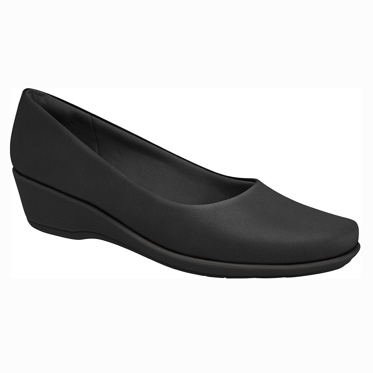 A sleek all-black women's dress shoe featuring a low textured wedge heel and a smooth rounded toe. Style #143133N
