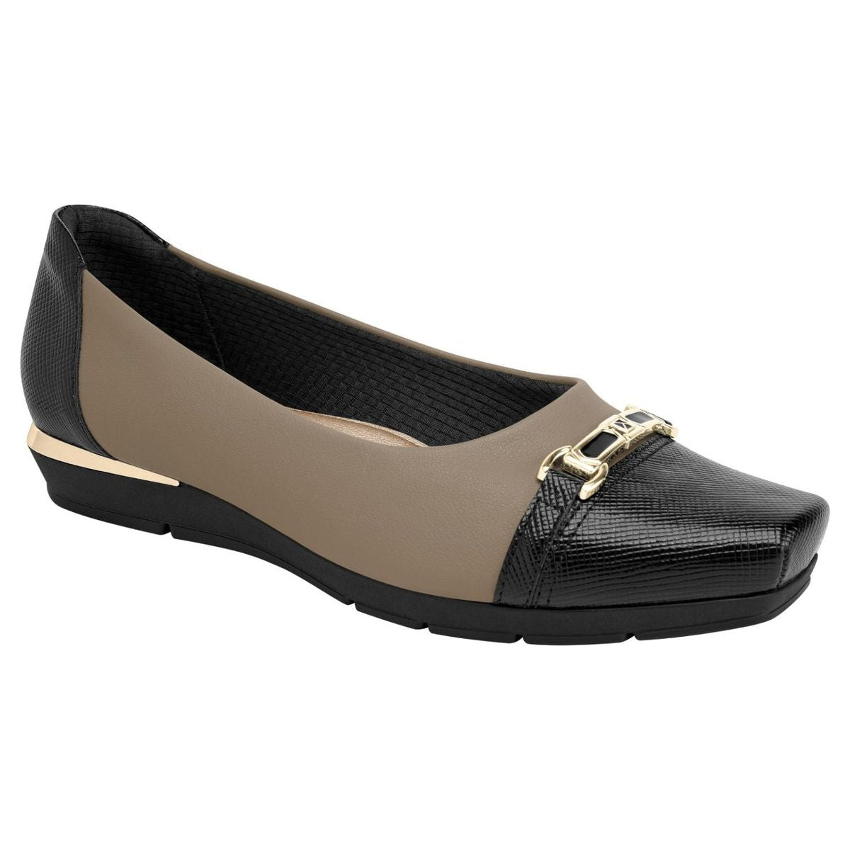 Piccadilly taupe dress wedge shoe with black textured toe cap, gold buckle detail, and gold heel trim. Style #147330L