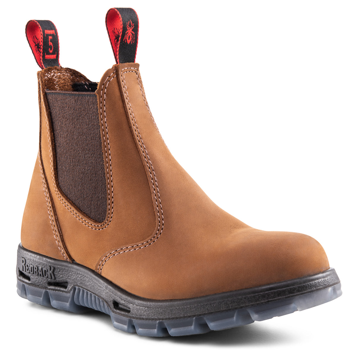 Single Redback Bobcat Tussock nubuck Chelsea boot, brown leather, black sole, red pull tabs. Style # UBHT.