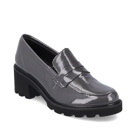 Remonte CrashLack DOA00 Women's Loafer Block Heel, glossy dark grey patent leather, lightwear comfortable for all day wear. Style #D0A00-45