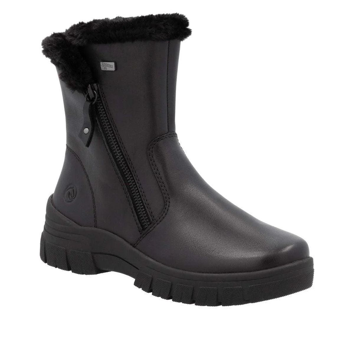 Remonte D0E78 Women's Zip Winter Boot,  Premium black leather upper, comfortable winter boot side zipper waterproof sole. Style #D0E78-00