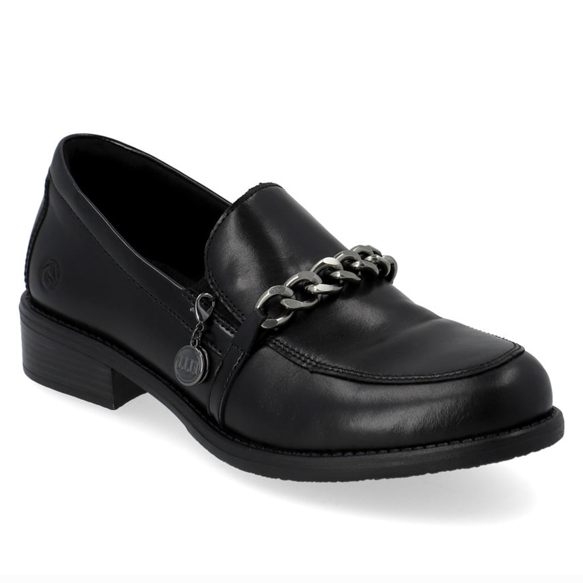 Remonte Wilde D0F03 Women's Loafers, Premium Black Leather SHoe with decorative silver chain. Style #D0F03-01