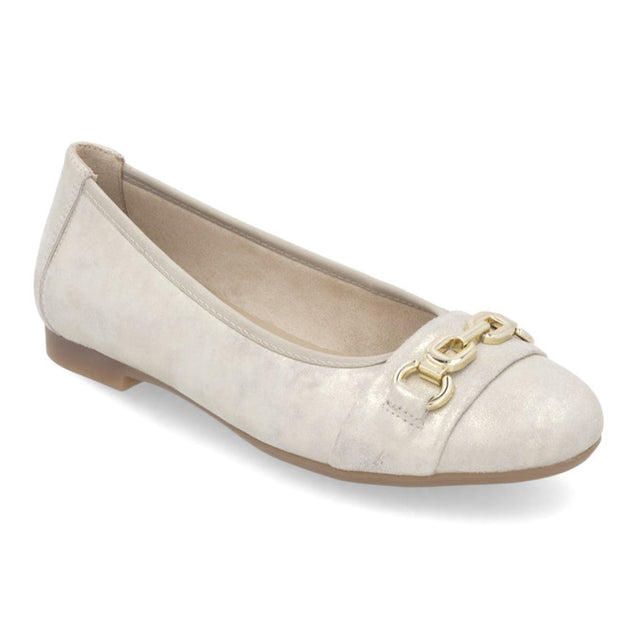 Remonte D0K10 Women's Ballerina Flats, beige, gold chain accent slight heel. Style #D0K10-90