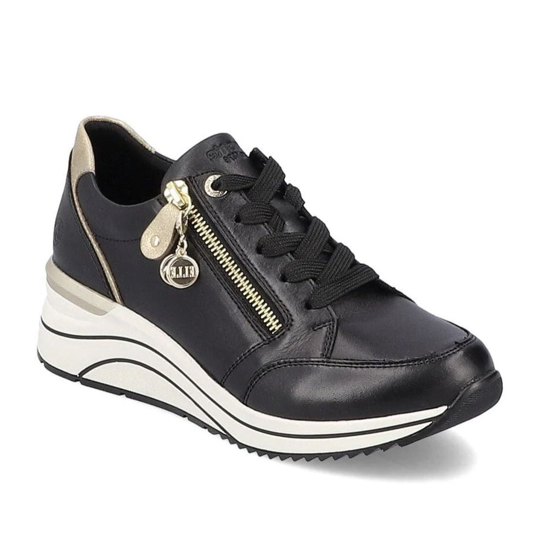 Remonte D0T03 Women's Wedge Sneaker, premium leather upper, side zipper and lace up closure, gold detailing. Style #D0T03-01