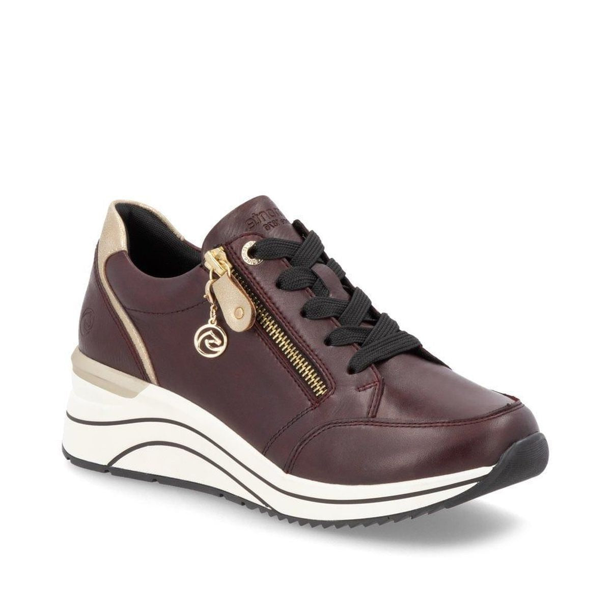 Remonte D0T03 Women's Wedge Sneaker, lace up and side zipper closure, gold detailing comfortable all day wear. Style #D0T03-01