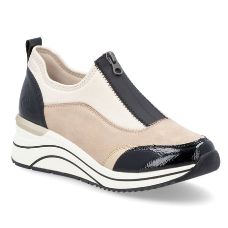 Remonte D0T08 Women's Wedge Sneaker in Jute, Easy on and off zip up front of shoe closure. Style #D0T08-60
