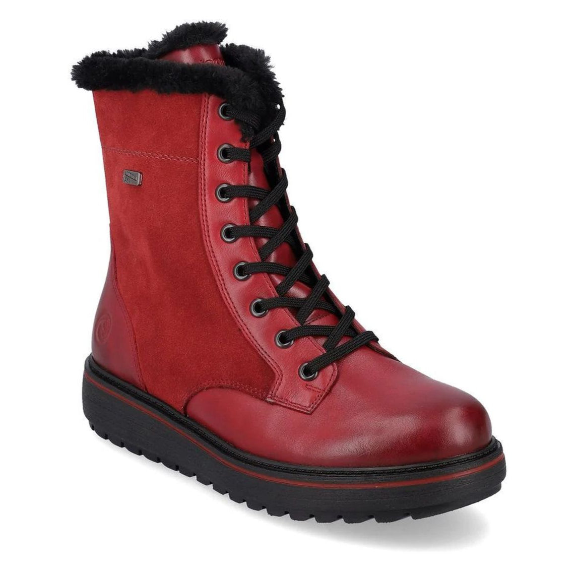 Remonte D0U76 Suede Women's Lace Up Boots. Bright red fur lined winter boots, lace up closure durable water proof exterior. Style #D0U76-35