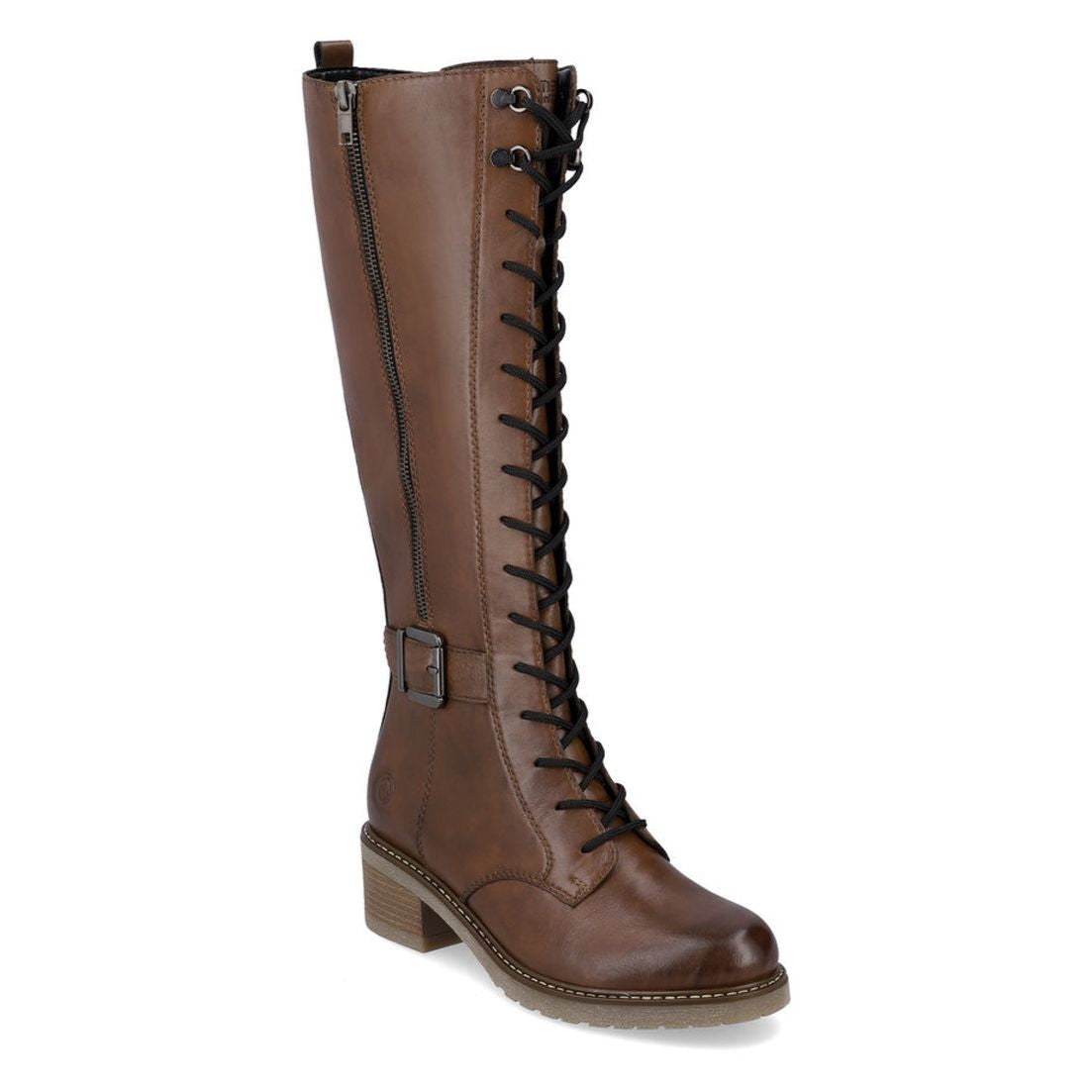 Remonte D1A74 Women's High Boots. Easy on and off side zipper, front lace up and decorative buckle, low wide heel. Style #D1A74-22