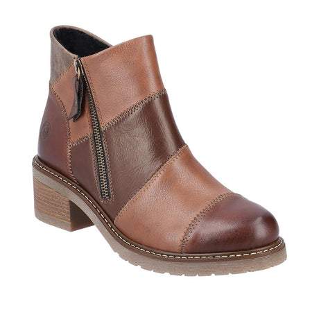 Remonte D1A75 Women's Ankle Boots, convenient side zipper, wide low heel. Patchwork leather boots with subtle stitching. Style #D1A75-24