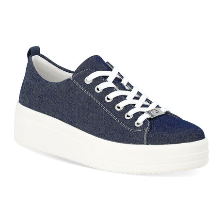 Remonte D1C03 Women's Lace Up Sneaker, low top platform jean pattern sneakers with white lace up closure. Style #D1C03-14