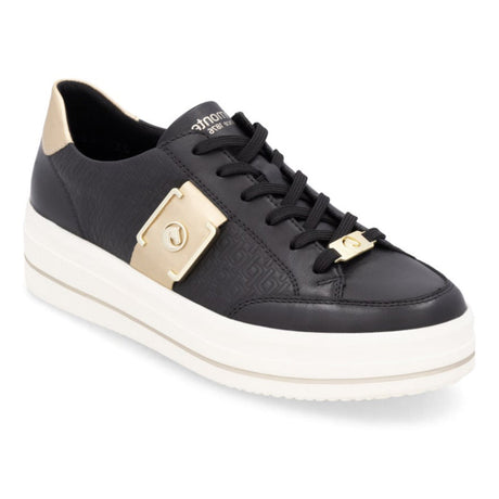 Remonte D1C07 Women's Lace Up Sneaker, platform with embossed leather pattern gold metal accents. Style #D1C07-03