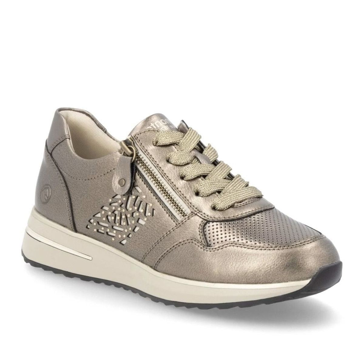 Remonte D1G00 Women's Zip Sneaker, breathable all day wear gold sneakers with side zipper for easy on and off. Style #D1G00-90