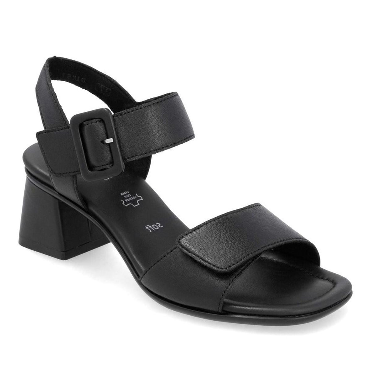 Remonte D1K51 Women's Strap Heel Sandals, block heel sandas in premium smooth black leather, velcro and buckle closure. Style #D1K51-00