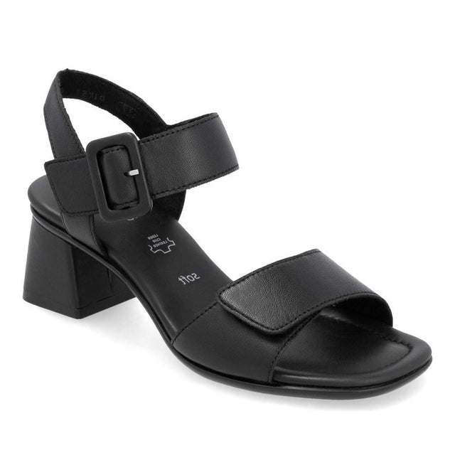 Remonte D1K51 Women's Strap Heel Sandals, block heel sandas in premium smooth black leather, velcro and buckle closure. Style #D1K51-00