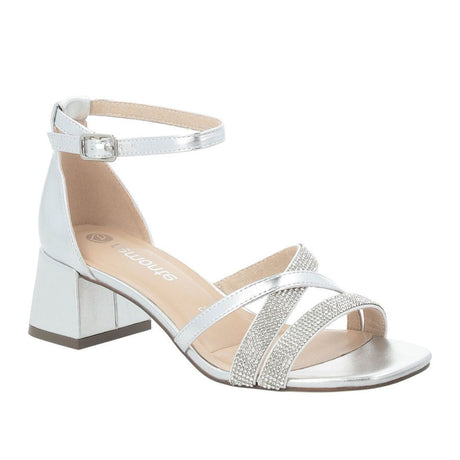 Remonte D1L51 Strap Heel Women's Sandals in Silver, medium block heel silver sandals with buckle closure ankle stra decorative rinestones. Style #D1L51-90
