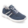 Remonte D1S04 Women's Side Zip Sneaker, soft leather in denim blue with side zipper and front lace up closure for easy on and off. Style #D1S04-14