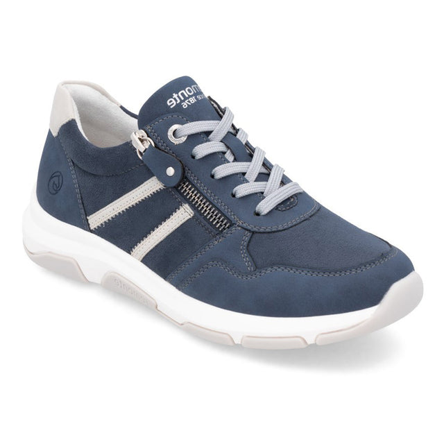 Remonte D1S04 Women's Side Zip Sneaker, soft leather in denim blue with side zipper and front lace up closure for easy on and off. Style #D1S04-14