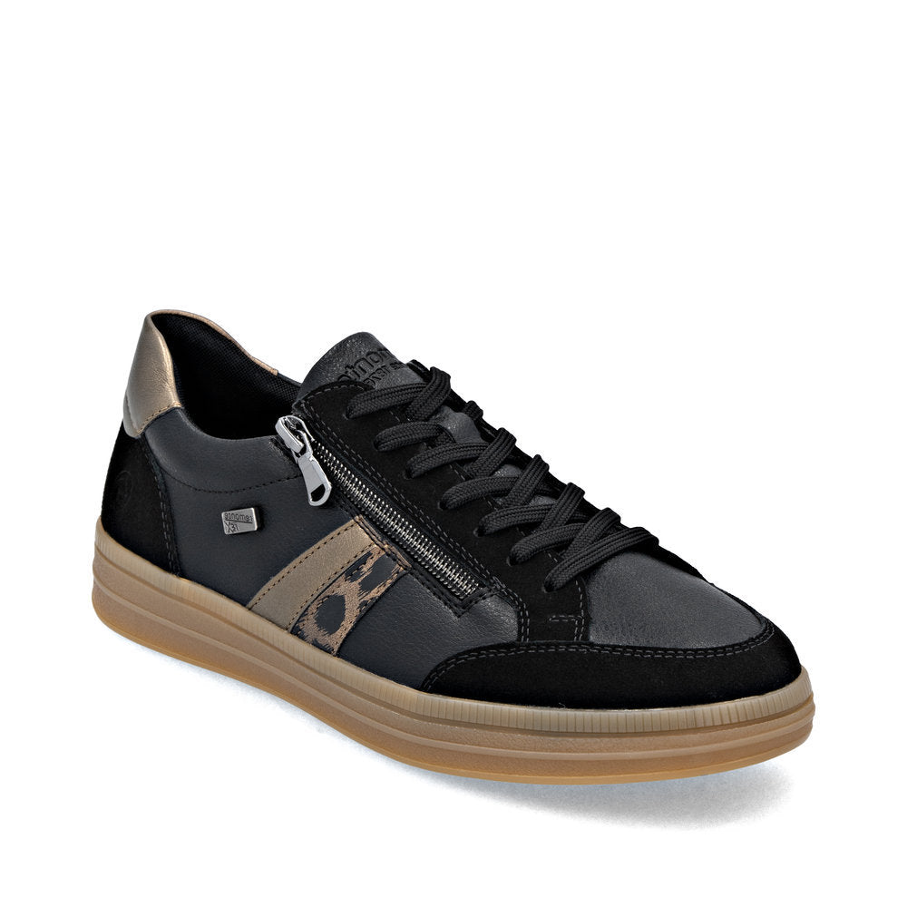 Remonte D2C04-03 women's black sneaker with a side zip, metallic accent, and tan sole.