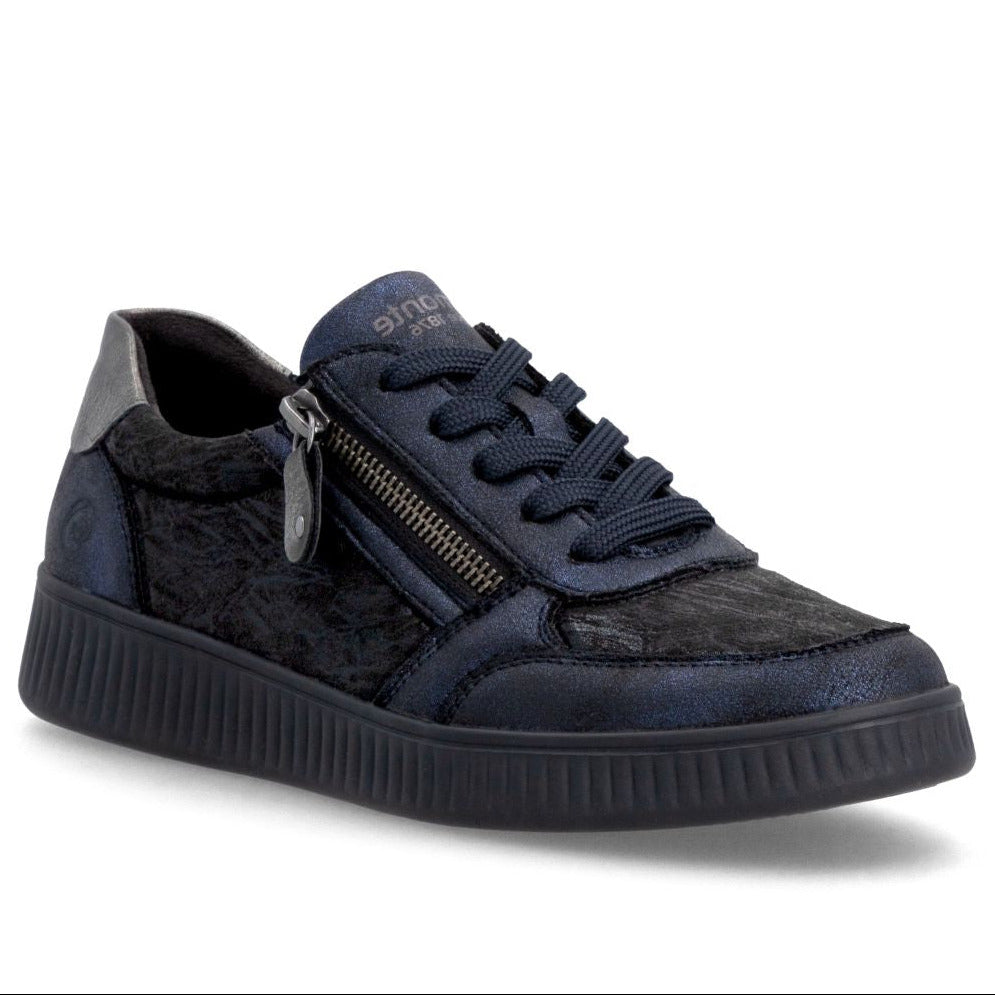 Navy and black textured leather sneaker with laces, side zip closure, metallic trim, and black sole. Style #D2E05-03