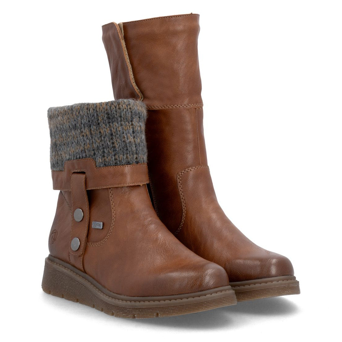 Remonte Style #D3976-23 women's tan mid-calf winter boot with foldable cuff, side zipper and 41 mm wedge sole.