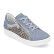 Remonte D5830 Women's Lace Up Sneakers, blue suede leather flats with patterened exterior, front lace up and side zipper for easy on and off. Style #D5830-12
