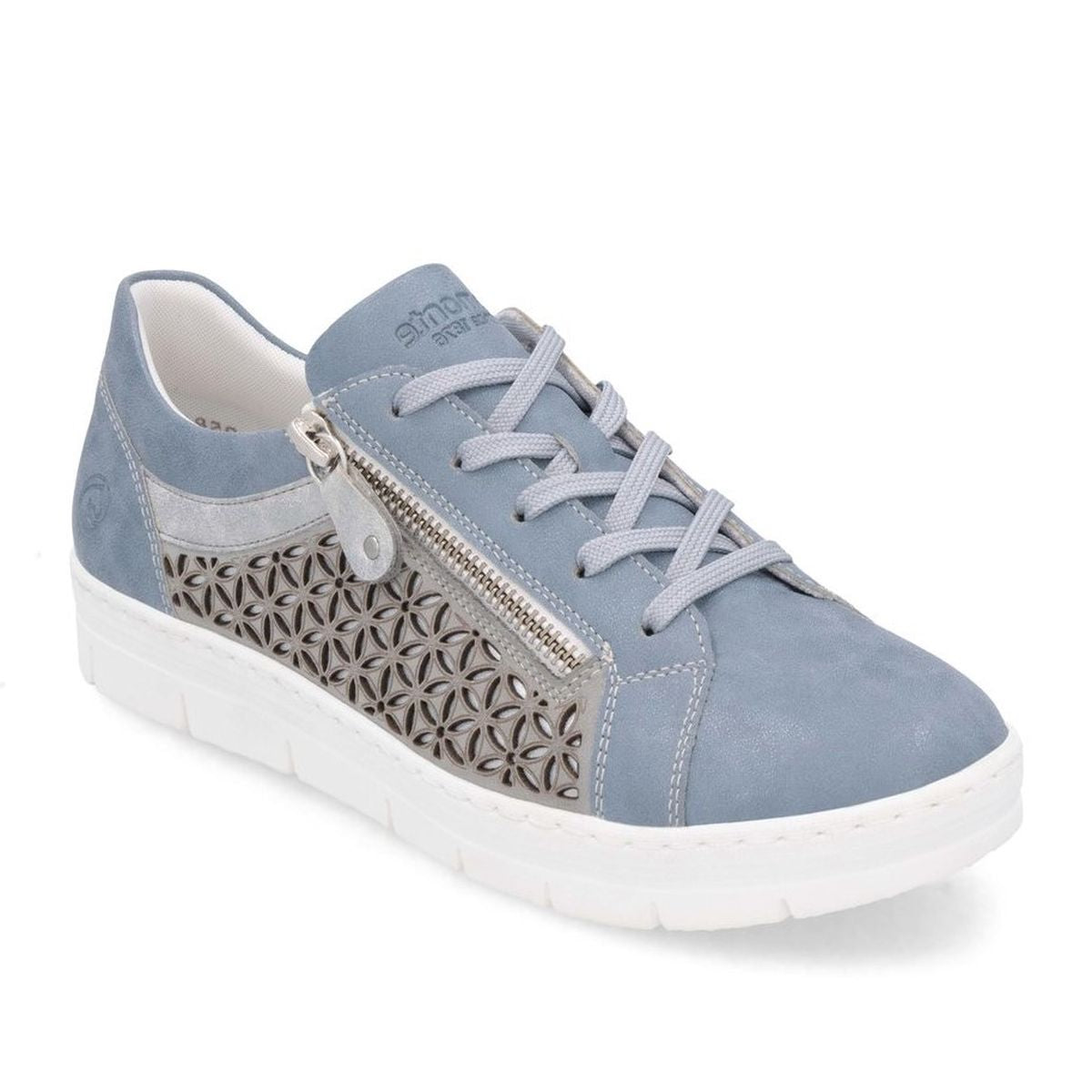 Remonte D5830 Women's Lace Up Sneakers, blue suede leather flats with patterened exterior, front lace up and side zipper for easy on and off. Style #D5830-12