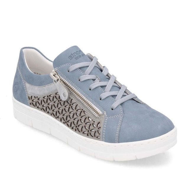 Remonte D5830 Women's Lace Up Sneakers, blue suede leather flats with patterened exterior, front lace up and side zipper for easy on and off. Style #D5830-12
