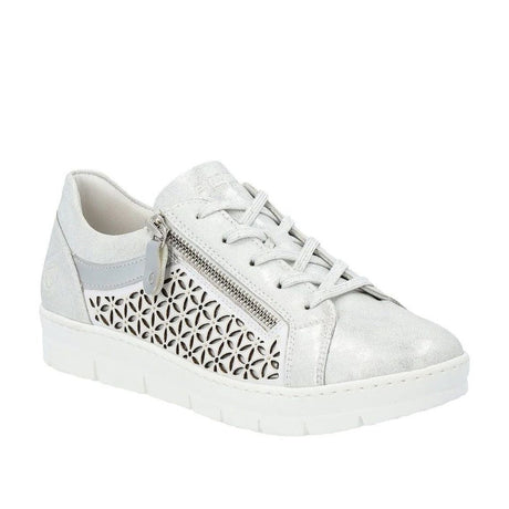 Remonte D5830 Women's Lace Up Sneakers, white flats, women's walking shoes all day comfort. Silver and flower detail pattern with side zipper. Style #D5830-91