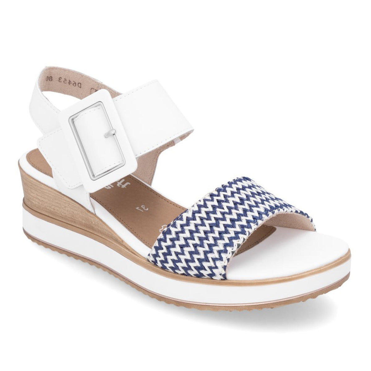 Remonte D6453 Women's Strap Wedge Sandals, wedge sandals in whit eleather with large buckle closure and chevron woven pattern strap. Style #D645380