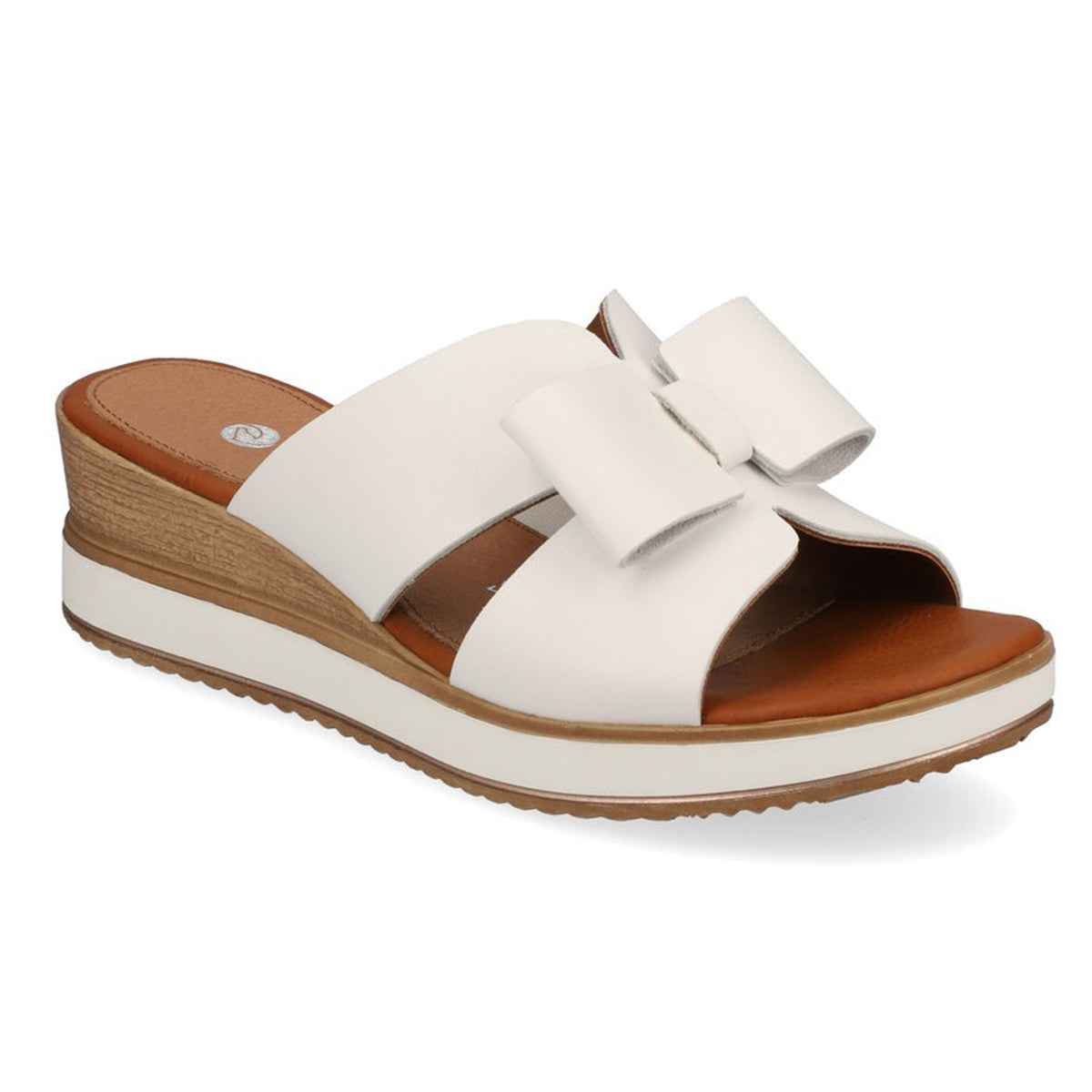 Remonte D6456 Women's Mule Sandals in white leather with tan light brown sole and decorative bow. short wedge heel, Style #D6456-80