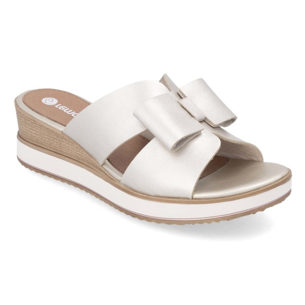 Remonte D6456 Women's Mule Sandals in Pale Gold, pearlecemt leather upper, slight wedge heel, decorative bow. Style #D6456-92