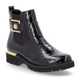 Remonte D8684 Women's Patent Ankle Boots, stretchmaterial for easy on and off. Patterned leather alligator print with gold detailing. Style #D8684-03