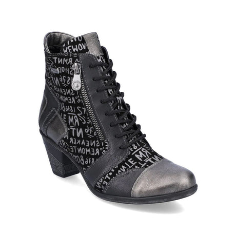 Remonte D8794 Women's Ankle Boots, silver grey boots, decorative stitching, short block heel, lace up front and side zipper. Style #D8794-04
