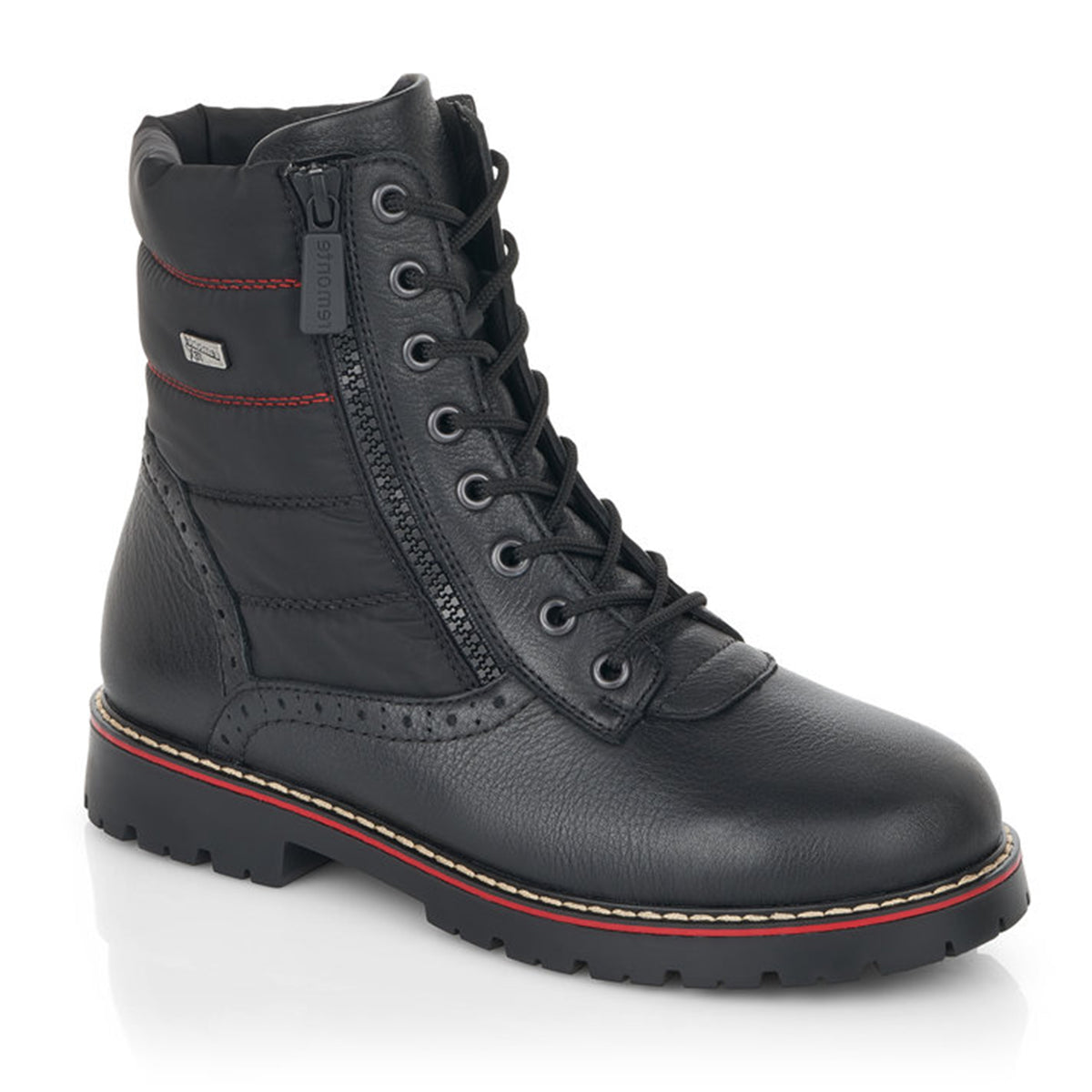 Remonte D9374 Women's Zip Ankle Boots, winter boots extra traction, water proof black leather exterior side zipper for easy on ad off, red accents. Style #D9375-01