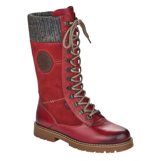 Remonte D9375 Women's High Boots, red leather winter boots, insulated all day comfort with front lace up closure, water resistant boots with decorative stitching. Style #D9375-35