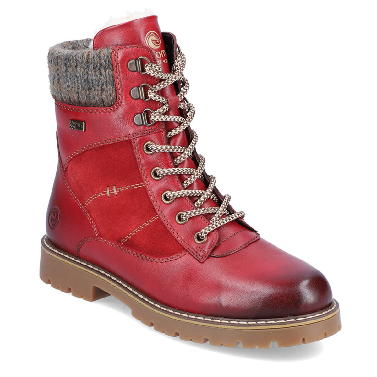 Remonte D9378 Women's Lace Up Boots, red premium leather boots, grip and insulation with decorative stitching. Style #D9378-35