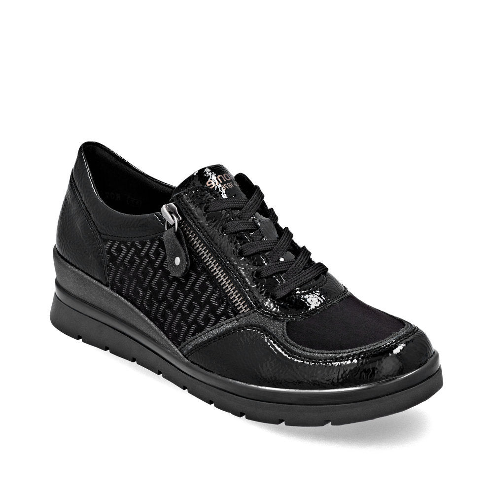 Leather and synthetic mid-height boot with lace and zipper closure, quilted removable leather insole, 44 mm heel, and rubber outsole for grip and comfort. Style #R0701-08