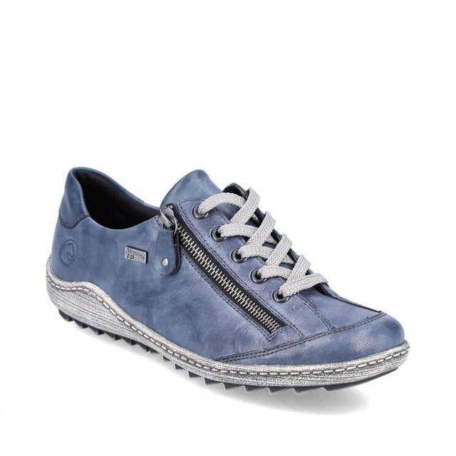 Remonte R1402 Women's Lace Up Shoe, blue premium leather exterior, lace up front with side zipper for easy on and off.  Style #D1402-15