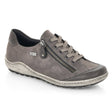 Remonte R1402 Women's Lace Up Shoe,  soft grey leather exterior, front lace up closure with side zipper for easy on and off. Style #D1402-44