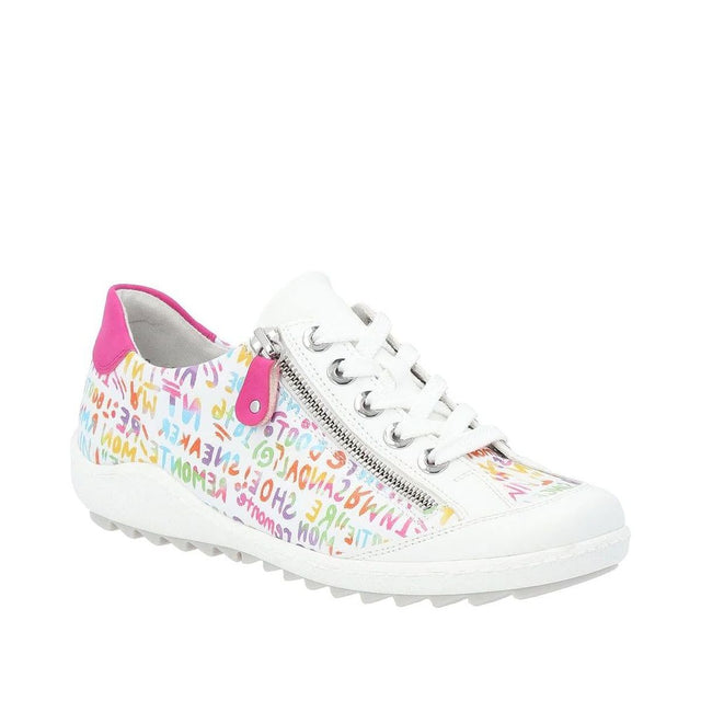 Remonte R1402 Women's Lace Up Shoe, all day comfort and grip, pink multicolour patterned accents with front lace closure and side zipper. High Quality leather. Style #D1402-80