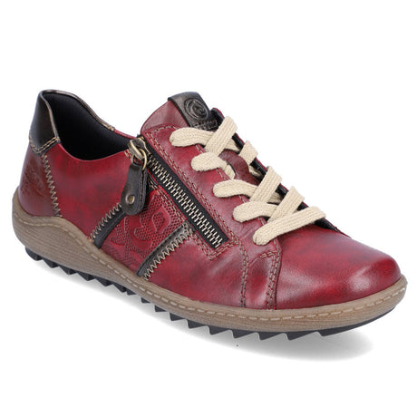 Remonte R1426 Women's Lace Up Shoe, red patterned leather upper with decorative stitching and cushioning for all day comfort. Front lace up and side zipper for easy on and off. Style #D1426-35