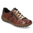 Remonte R1426 Women's Lace Up Shoe, brown patterned leather with decoratove stitching, with front lace up and side zipper xlosure for easy on and off. Style #D1426-38