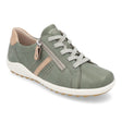 Remonte R1432 Women's Lace Up Shoe, green leather exterior with beige accents and decorative stitching. Front lace up with side zipper for easy on and off. Style #D1432-52